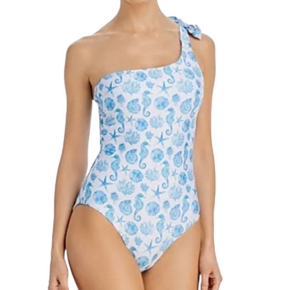 NWT AQUA x Bloomingdale’s One-Shoulder Blue sea life one piece swim size small